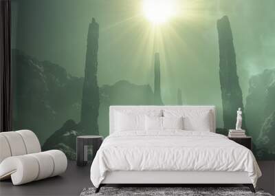 A scene on an alien planet showing tall, slender mountains under a sun that emits a soft, luminescent glow. The atmosphere is hazy, adding a sense of depth and mystery. Wall mural