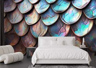 A seamless, elegant texture of iridescent fish scales, with each scale reflecting light differently Wall mural