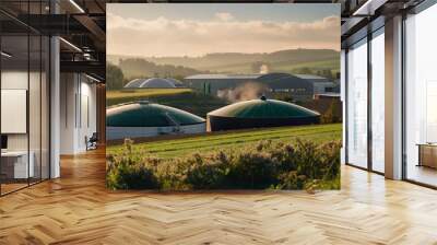 A serene landscape showing a biogas facility in a rural area, with digesters and storage tanks subtly integrated into the natural environment Wall mural