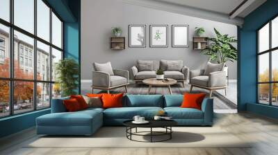 A simple living room with three armchairs, a sofa and a coffee table in the center of the space Wall mural