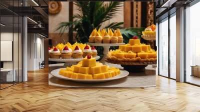 A table with many yellow mangoes, some whole and some cut into small pieces, in small paper cups Wall mural