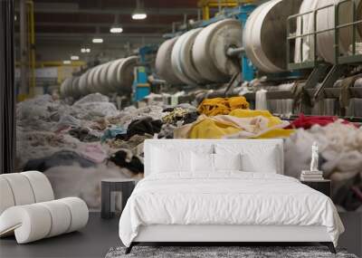 A textile recycling operation where old clothes are processed into fiber for new fabric production, highlighting the machinery and the flow of materials through the facility. Wall mural