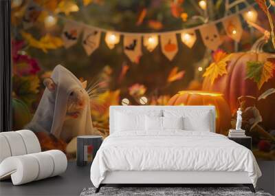 A tiny hamster wearing a ghost costume, sitting next to a glowing jack-o'-lantern in a garden decorated with Halloween-themed banners, pumpkins, and colorful autumn leaves.  Wall mural