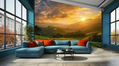 A tranquil tea farm valley bathed in the yellow light of sunrise, with dramatic cloud patterns stretching across the sky. Wall mural