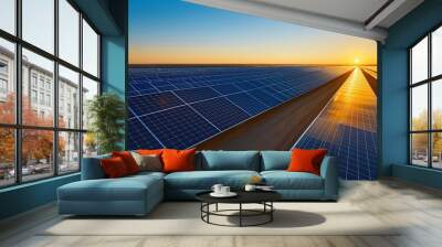 A vast solar farm at sunrise with thousands of photovoltaic panels gleaming under the early morning sun.  Wall mural