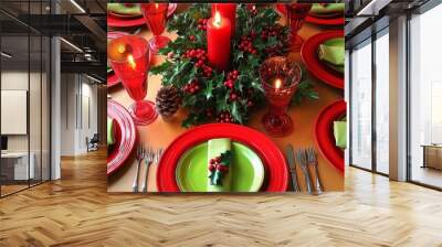 A vibrant Christmas dinner table set with a bright red and green color scheme, featuring bold red chargers, green napkins,  Wall mural