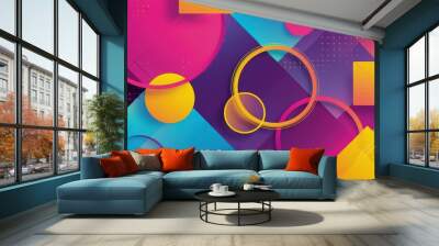 A vibrant geometric abstract background showcasing bold circles and squares in bright hues of magenta, cyan, and yellow, offering a lively and creative aesthetic. Wall mural