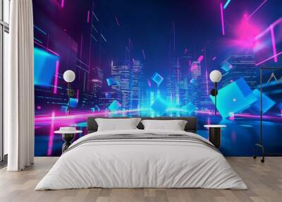 A vibrant neon landscape with glowing blue and pink geometric shapes, creating a dynamic and futuristic cityscape. Wall mural