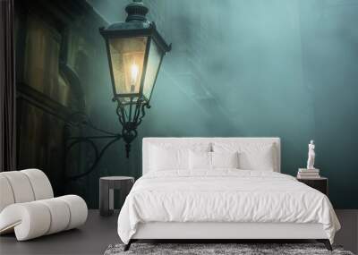 A Victorian street lamp powered by steam, illuminating a foggy alley Wall mural