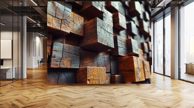 A wall adorned with wooden 3D cubes, each with a distinct carved pattern, adding an artistic touch to the arrangement. Wall mural