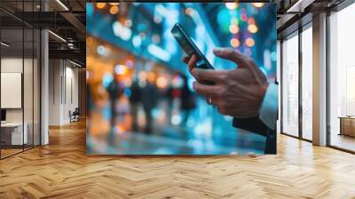 A well-dressed businessman is using a smart phone against an urban background Wall mural