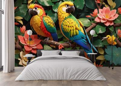 two parrots on a tree, two parrots on a branch, parrot on a branch Wall mural