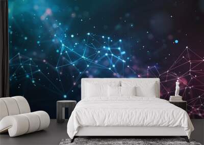 Abstract background with bright blue and magenta dots connected in an intricate plexus network Wall mural