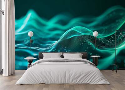 Abstract teal background poster with dynamic waves. Technology network vector illustration. Wall mural