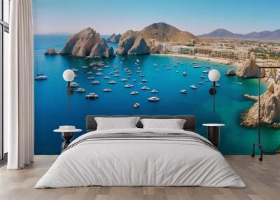 Aerial panoramic view of Lands End and El Arco at the tip of Baja California Sur, with the Cabo San Lucas, Mexico marina in the background Wall mural