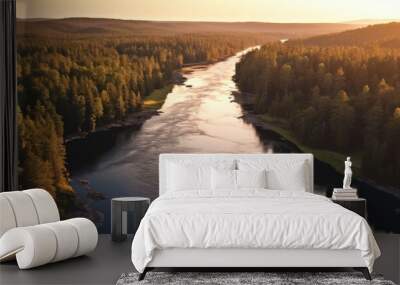 Aerial View of a River Winding Through a Forest at Sunset Wall mural