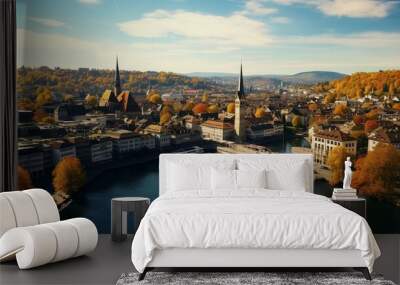 Aerophotography. View from a flying drone. Panoramic cityscape of Old Town Zurich, Switzerland. top view Wall mural