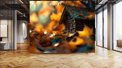 Transform your device's background into a work of art with an autumn wallpaper, featuring a cozy cabin nestled among a sea of golden leaves and towering trees Wall mural