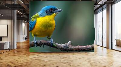 Amazon Blue-backed Manakin perched on a branch, its vibrant plumage and distinctive color visible Wall mural