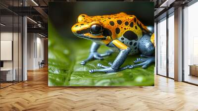 Amazon Yellow-banded Poison Dart Frog sitting on a bright green leaf, its vibrant yellow and black colors Wall mural