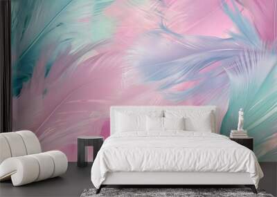 An abstract pattern of soft, feather-like textures in pastel shades of pink, blue, and green, giving a dreamy, ethereal feel. Wall mural