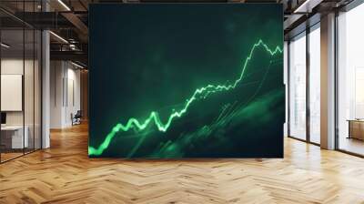 An abstract representation of a stock market surge, with a graph line climbing a steep hill, crafted from green light against a dark canvas. Wall mural