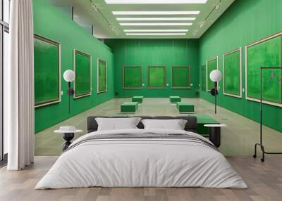 An airy and open art gallery with walls of seafoam green showcasing large, empty forest green frames, emphasizing the spaciousness and modern design Wall mural