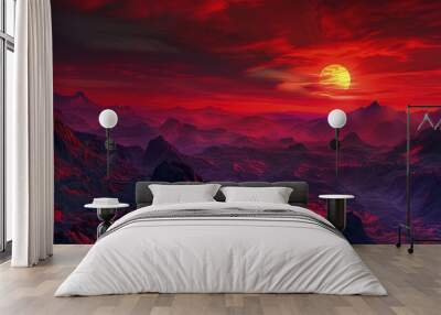 An alien world at sunset, with the sun casting a fiery red glow over the mountainous landscape. The sky is a tapestry of deep reds and purples, adding to the surreal ambiance. Wall mural