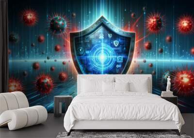 An antivirus software shield, glowing vibrantly, as it blocks a wave of computer viruses. The shield is a large, metallic, and futuristic barrier Wall mural