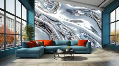 An artistic representation of technology waves using silver and metallic textures that mimic a liquid metal, flowing and merging on a monochromatic scale. Wall mural