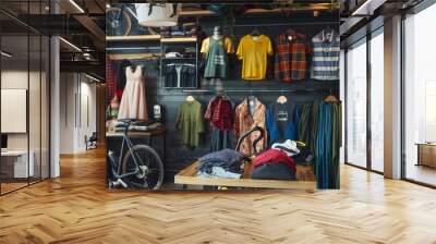 An assortment of fashionable and functional cycling apparel made from lightweight fabrics, displayed in a minimalist urban bike shop. Wall mural