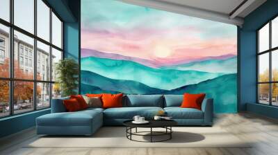 An enchanting watercolor sunset painting with soft lavender and rose pink blending into rich teal and deep blue over rolling hills. Wall mural