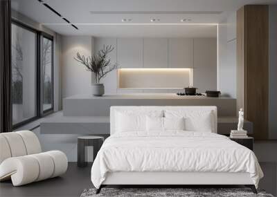 an image of a minimalist kitchen with clean lines and a seamless countertop Wall mural