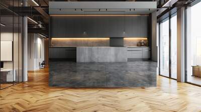 an image of a minimalist kitchen with concrete floors and sleek cabinetry Wall mural