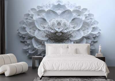 An intricate paper art mandala, featuring complex patterns in a monochrome scheme on a stark white background Wall mural