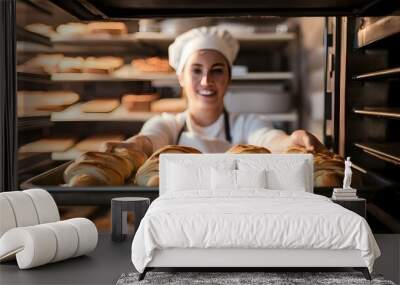 Baker making  bread croissant Wall mural