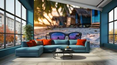 Beach getaway vibes with sunglasses by the shore, travel concept for summer vacation Wall mural