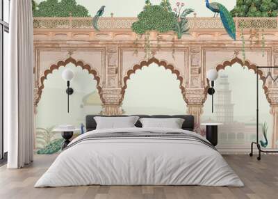 Beautiful indian Mughal arch, palace, peacocks, parrot, garden, and mountain illustration for wallpaper. Wall mural