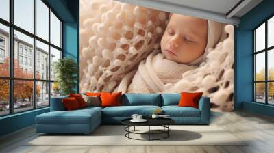 Beautiful little newborn baby 2 weeks sleeping in a basket with knitted plaid. Portrait of pretty newborn baby Wall mural