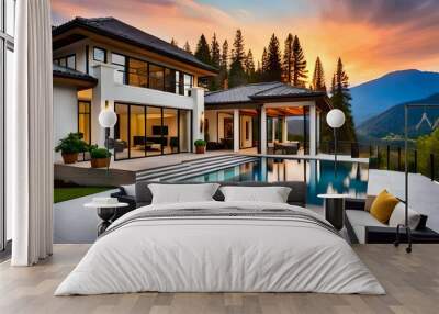 Beautiful Luxury Home Exterior at Twilight with Co . Wall mural