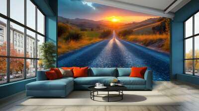 Beautiful rural asphalt road scenery at sunset Wall mural