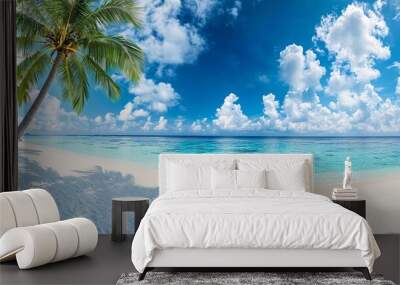 Beautiful tropical beach with blue sky and white clouds abstract texture background. Copy space of summer vacation and holiday business travel concept. Wall mural