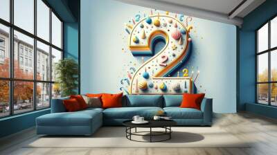 Birthday cake with number 2 candles, confetti, and stars on light blue background Wall mural