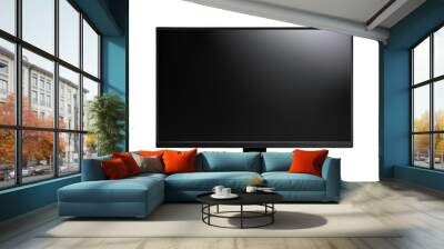 Black Computer Monitor. A black computer monitor sits prominently against a plain white background. The monitor appears sleek and modern, with a blank screen reflecting no image. Wall mural