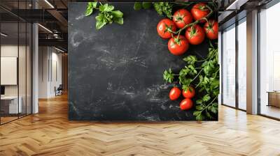 Black table topped with lots of fresh vegetables and herbs, tomatoes, beautiful surroundings laid out on a textured dark background Wall mural