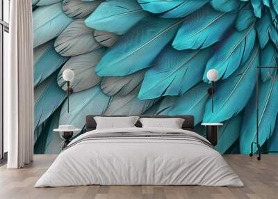 Blue, turquoise, and gray feather design on a light 3D wallpaper, enhanced with the texture of oak and nut wood wickers, Photography, high-resolution texture, Wall mural