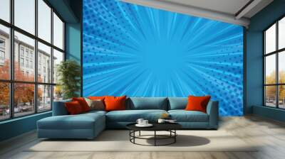 Blue Comics rays background with halftones. Vector summer backdrop illustrations stock illustration Wall mural