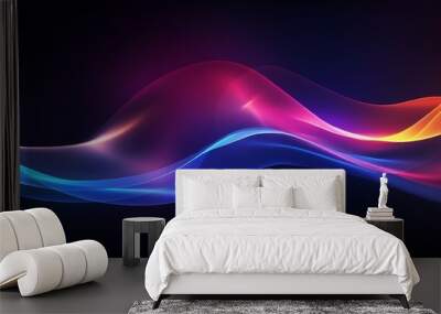 Blur glowing lines. Neon abstract background. Futuristic radiance. Defocused luminous navy blue color curve streak light flare motion on dark black Wall mural