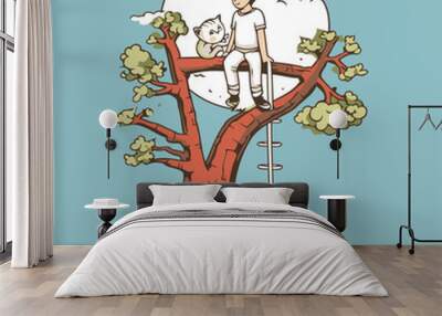 Boy and cat on the tree. Vector illustration in cartoon style. Wall mural