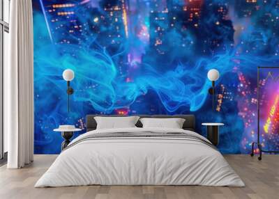 Bright blue smoke undulates across a city of lights at night, in minimalist style. Wall mural